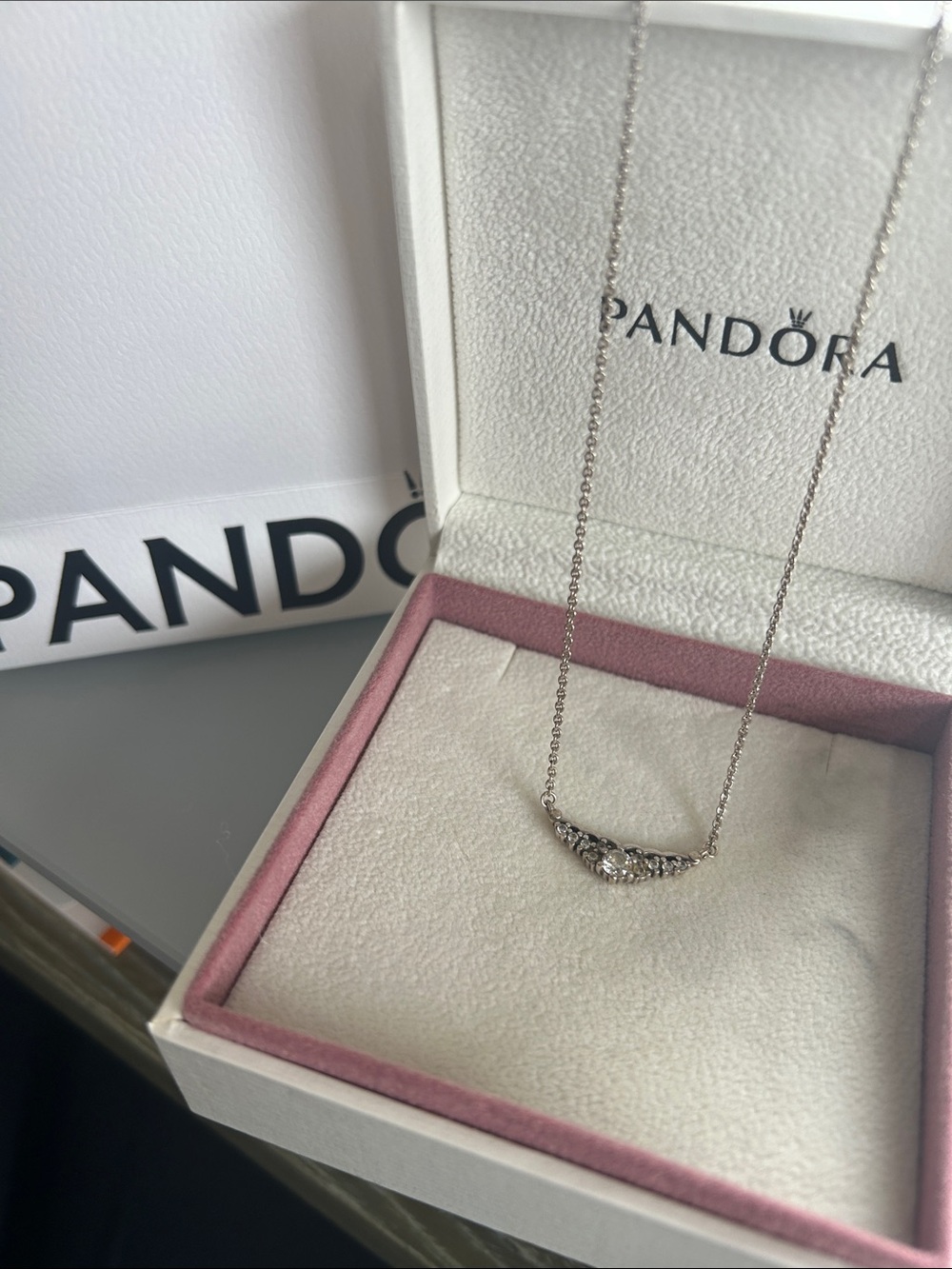 Pandora Silver Crescent Necklace with Clear Stones